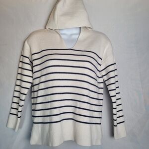 T Tahari Soft Knit Hooded Sweater Nautical Stripe 3/4 Sleeve Ivory Blue Size XS